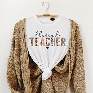 Womens Colorful Leopard Blessed Teacher Shirt NEW